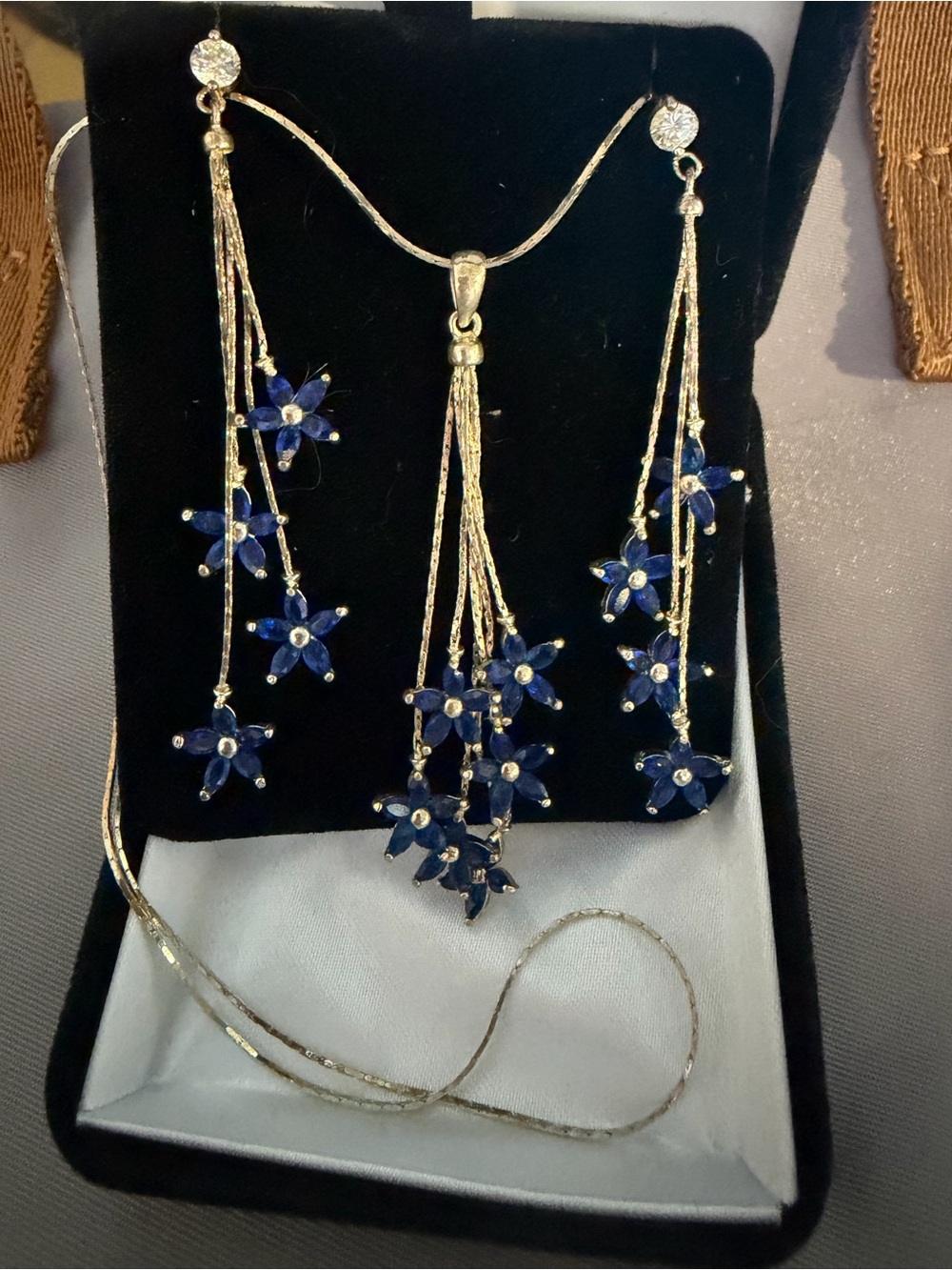 Gold-Tone Necklace with Blue Flower Drops
